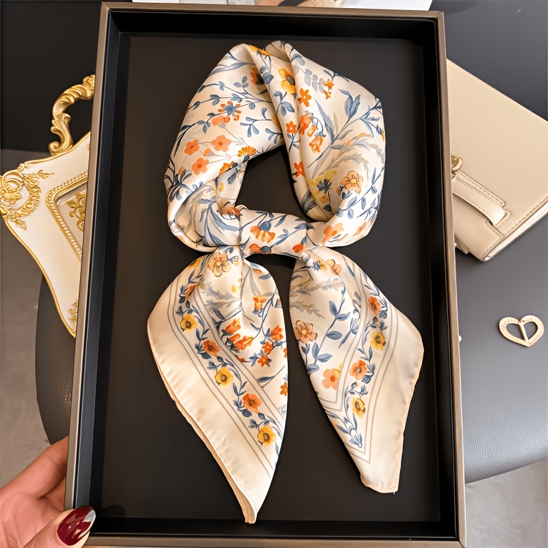 TEMU 1pc Elegante Beige con Estampado Floral de 70Cm, Bufanda Cuadrada Pequeña para Mujer, Banda para el Cabello de Verano, Bolso, Bufanda, Cinturón