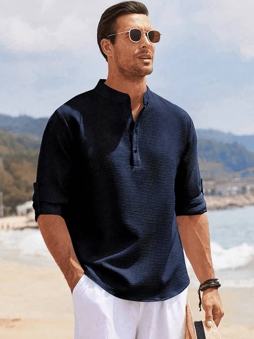 camiseta henley de larga con cuello de botones, diseño a rayas y de cuadros, puños acanalados con cinta tejida, tela casual, cómoda y para uso . enrollables transpirables, para vacaciones en . una pieza de para hombre, ropa