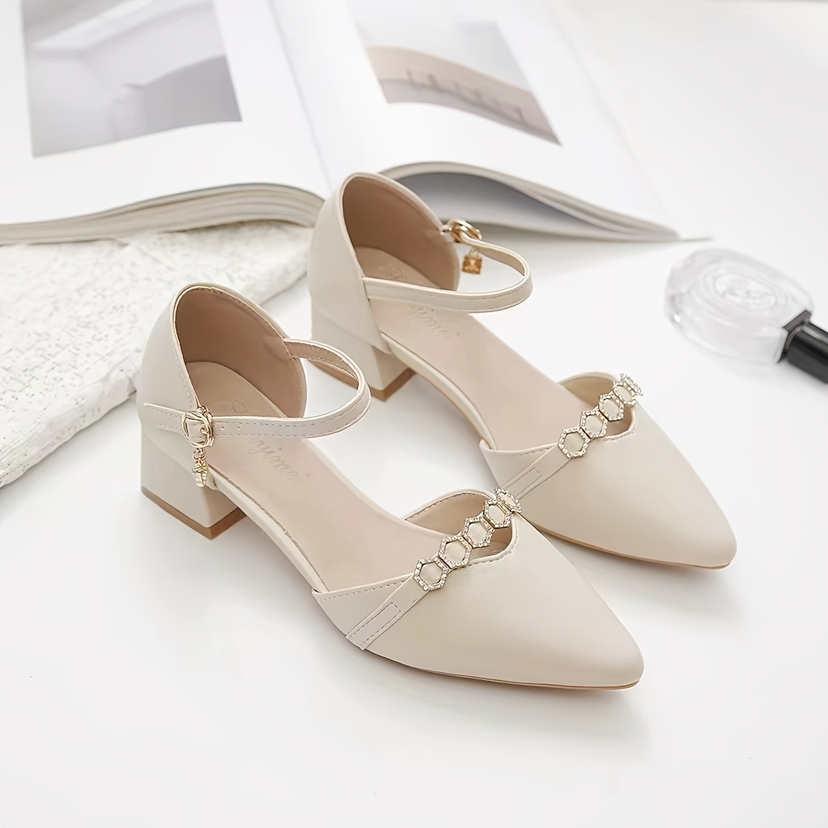 TEMU Stiletto With Chunky Heels And Strap Design. Versatile High Heels Are Suitable For Commuting And Daily Wear, Featuring A Sophisticated Style. An