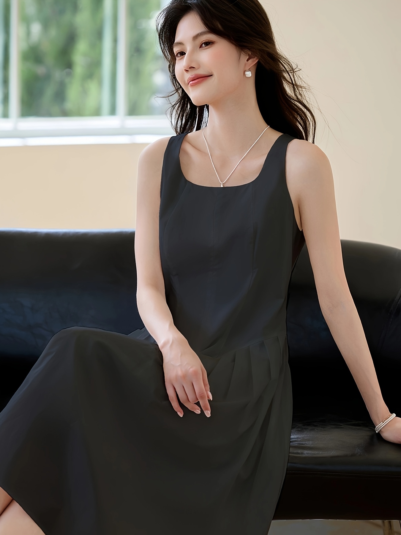 women's summer square neck sleeveless crinkle a line dress Temu