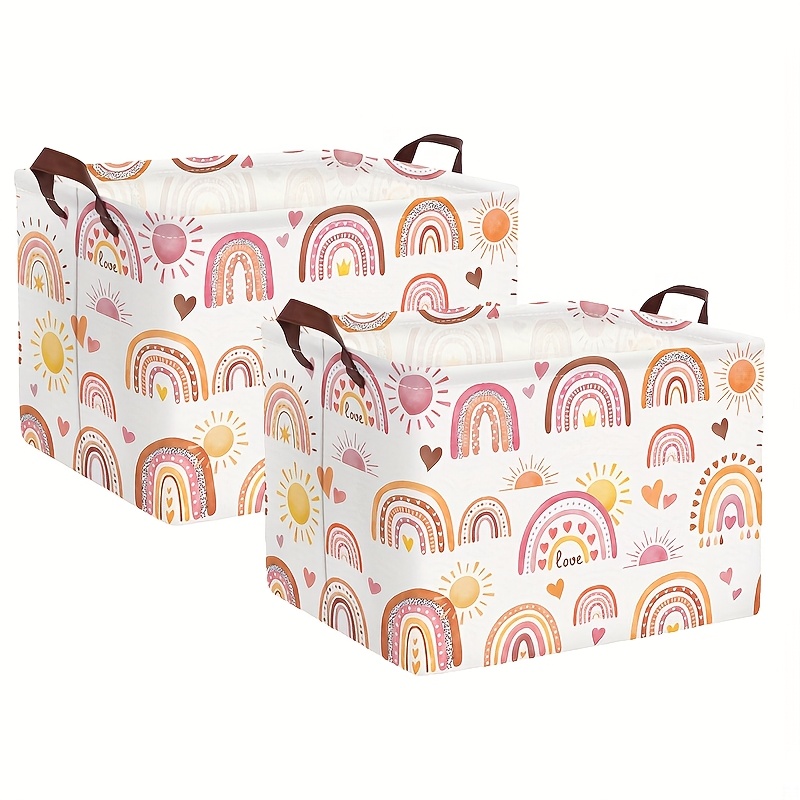 2-pack Boho Pink Purple Rainbow Rectangular Storage Baskets With Sun & Heart Pattern, White Shelf Bins With Handles, Storage Boxes For Clothes & Books, Ideal For Bedroom, Classroom