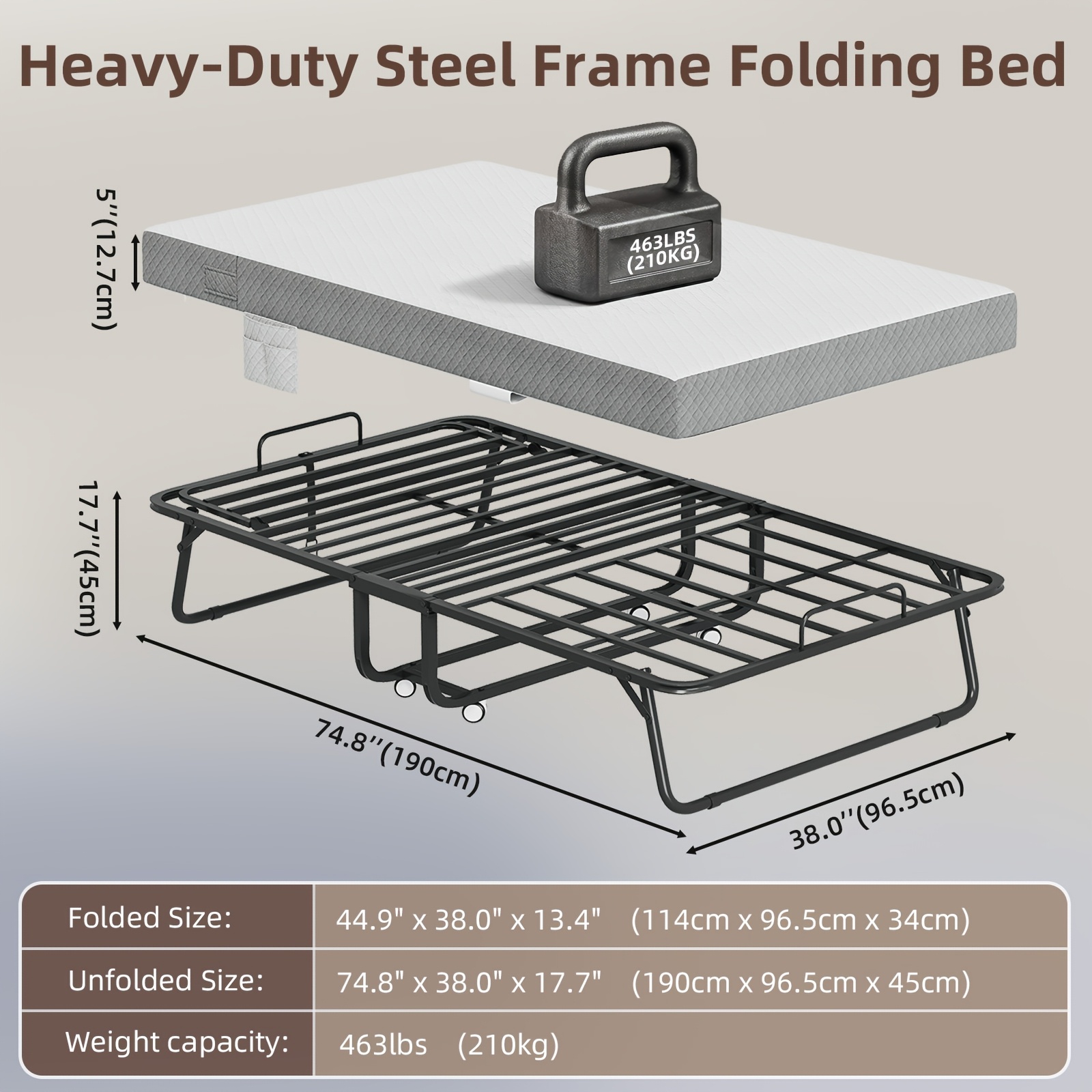 TEMU Eunos Folding Bed, Portable Foldable Bed With Memory Foam Mattress, Folding Beds For Adults, Guest Beds With Sturdy Metal Frame & Wheels,