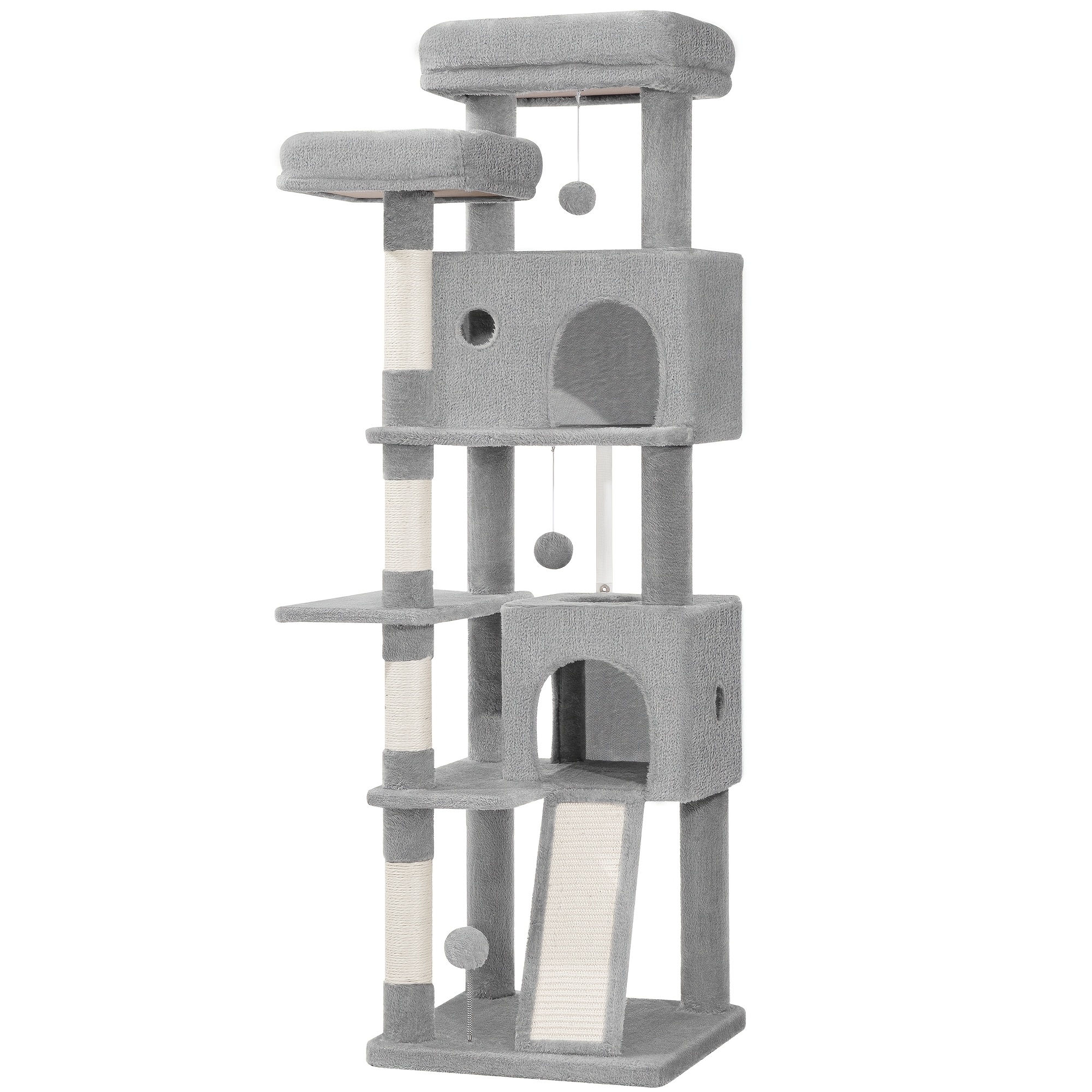 TEMU Arbre à chat tour de 152cm | Grille d'escalade multi-niveaux en bois avec griffoirs, planche à gratter, 2 condos confortables, 2 perchoirs,