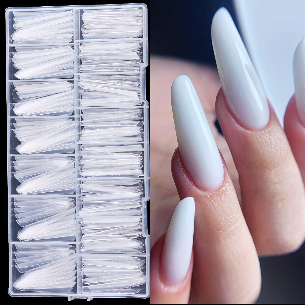 Image of Full Cover Clear Pink Nail Tips In Dual Long Almond Shape, Suitable For Poly Extension Gel, In 15 Sizes, Reusable Acrylic False Nails, 150pcs Per Box