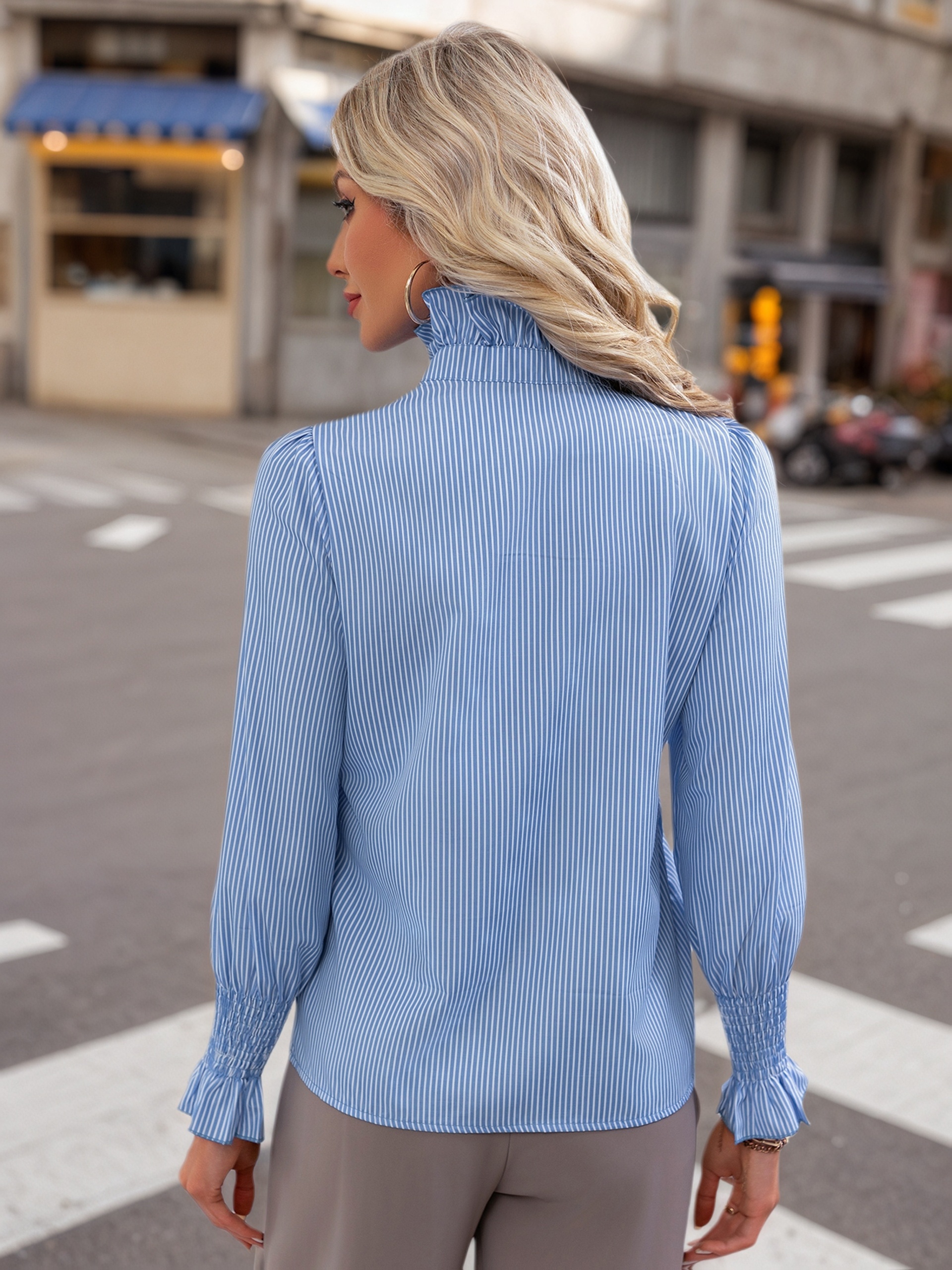 Camisa de larga de rayas y para mujer con cuello y Blusa de  cuello casual para */verano/otoño, T