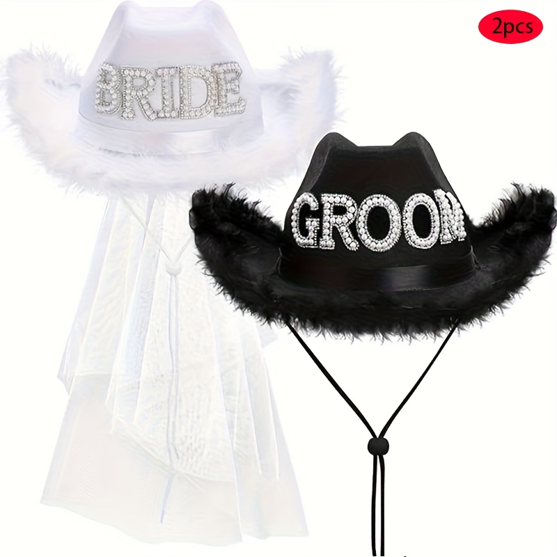 2pcs wedding party hats set bride groom cowboy matching wedding dresses hats with bride lettering     cowboy hats for bride groom lightweight for wedding bridal shower valentines formal casual events easy to