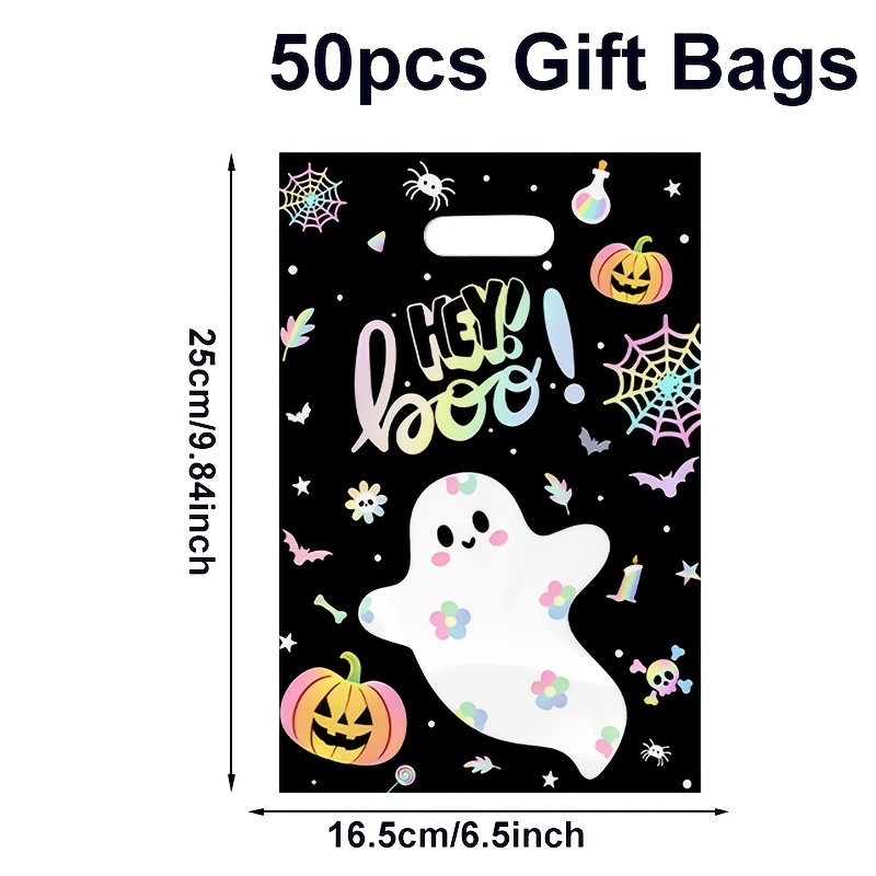 TEMU Cadeau pour Elle/Lui Lot de 10/25/50 Sacs à Friandises Jetables en Plastique pour Halloween - Imprimé Citrouille Toile d'Araignée avec Boucle de