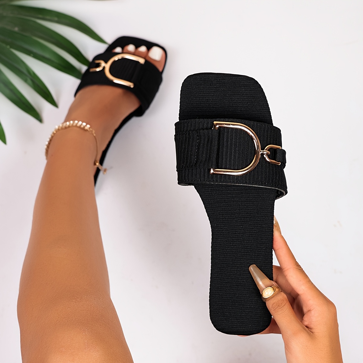 TEMU Summer Vertical Striped One-piece Slippers Women's Metal D-shaped Square Square Toe Flat Outdoor Beach Commute Casual Mule Slippers, Women Shoes