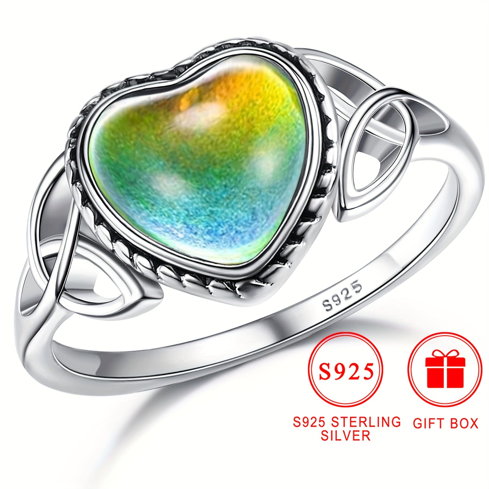 

925 Sterling Silver Heart-shaped Ring With Mood Temperature Control Gem, Vintage , Bohemian Style, Synthetic Stone, Silver Plated, Women' Jewelry, & Gift, Thanksgiving, Accessory