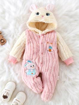 boys autumn winter warm plush bodysuit with cute rabbit embroidery hooded crawling suit for babies 0 9 for outdoor