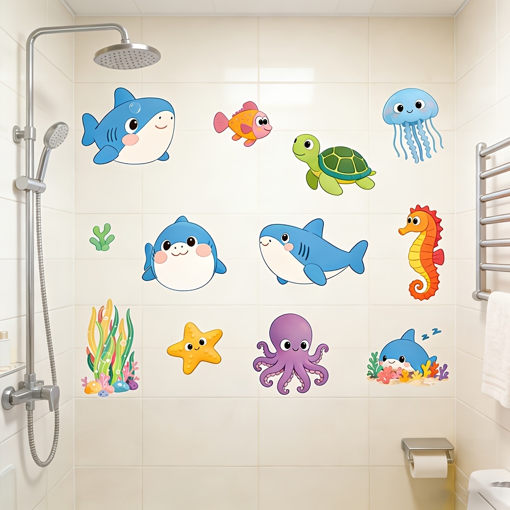 Self-adhesive Removable Ocean Animal Wall Decals, Waterproof Shark Turtle Octopus Wall Stickers For Bathroom, Hide Tile Stains & Holes, No Damage To Walls