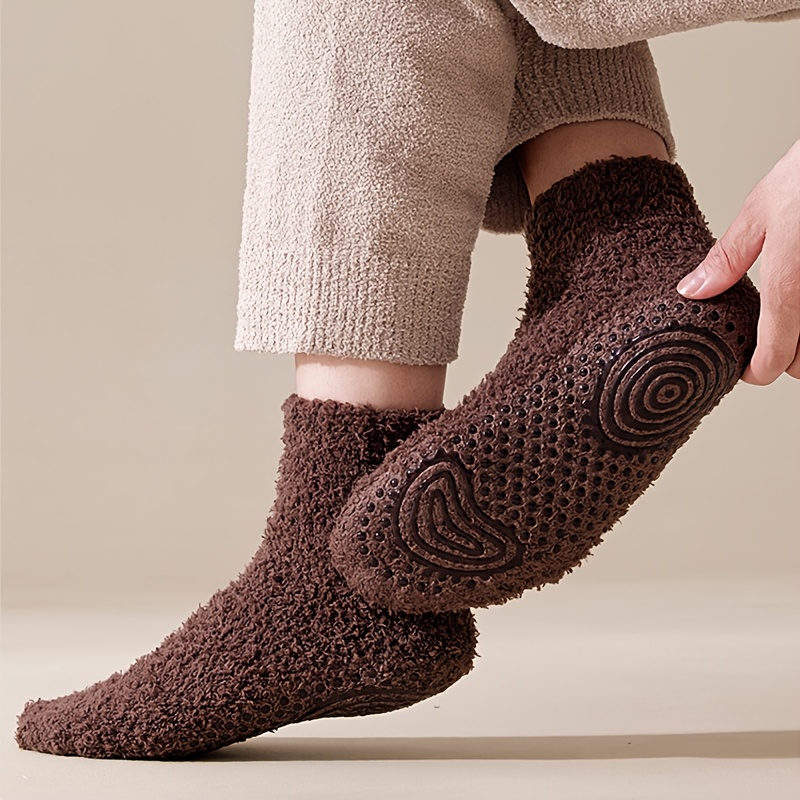 TEMU Men's Thickened Coral Fleece Floor Socks, Solid Color, Non-slip, Mid-calf Length, Warm And For Home Use