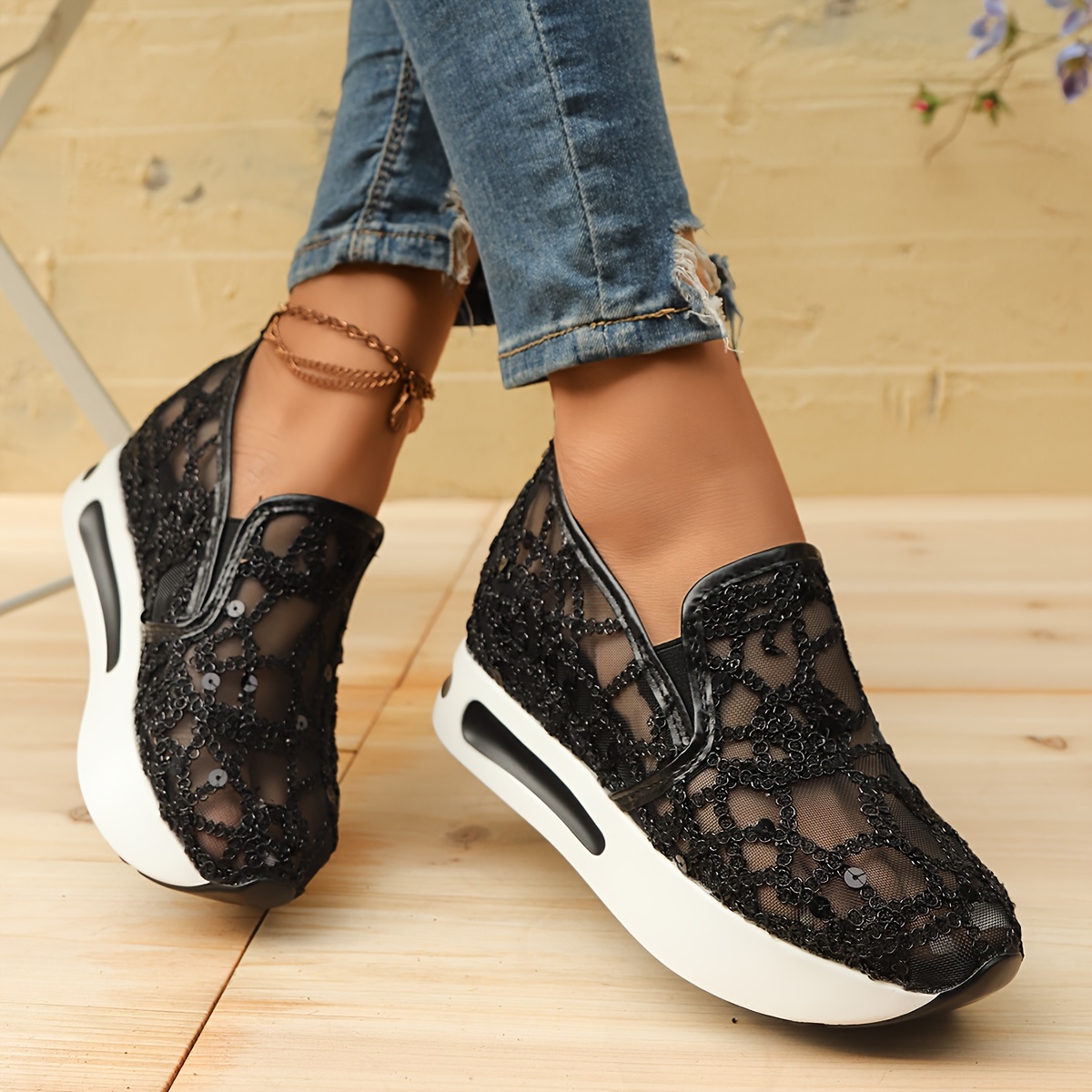 

Women's Chic Black Sequin Mesh Sneakers - Breathable, Slip-on Casual Sneakers With Eva Sole For All