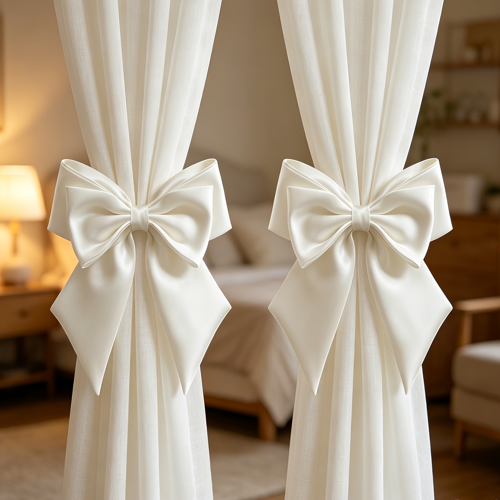 TEMU 2pcs Bow Curtain Tiebacks - Elegant Bow With Ribbon, Luxurious Holders For Drapes, Blinds, Curtains, French Country Style Curtain Suitable For