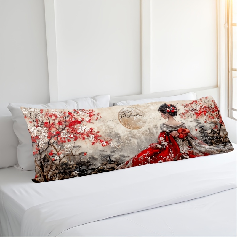 TEMU 1pc Taie de Coussin Rétro Motif Cerisier Japonais et Geisha - 50,8x137,16 cm, Impression -, Fermeture Éclair, pour Décor de Canapé et Chambre,
