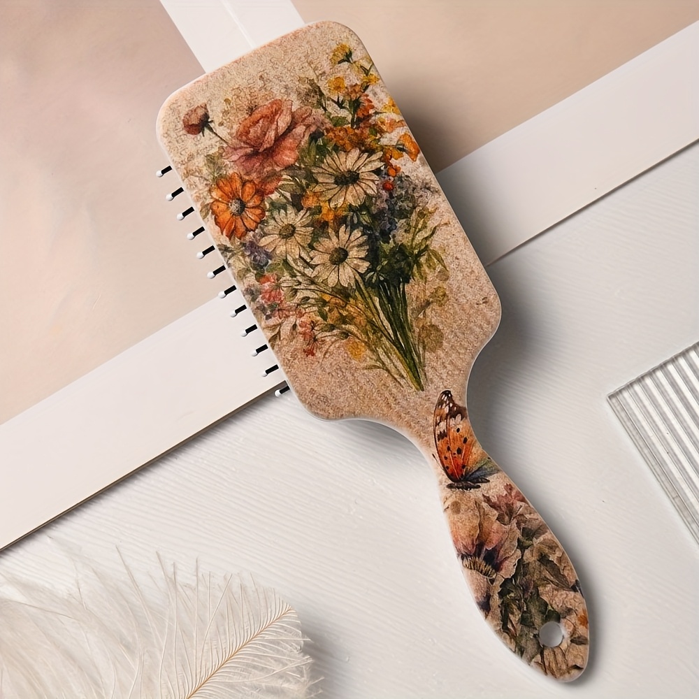 E-shop Retro Blumen- und Wildblumenmuster Luftkissen Haarkamm, Nylonbürste, Antistatischer ABS-Griff, Geeignet für Alle Haartypen