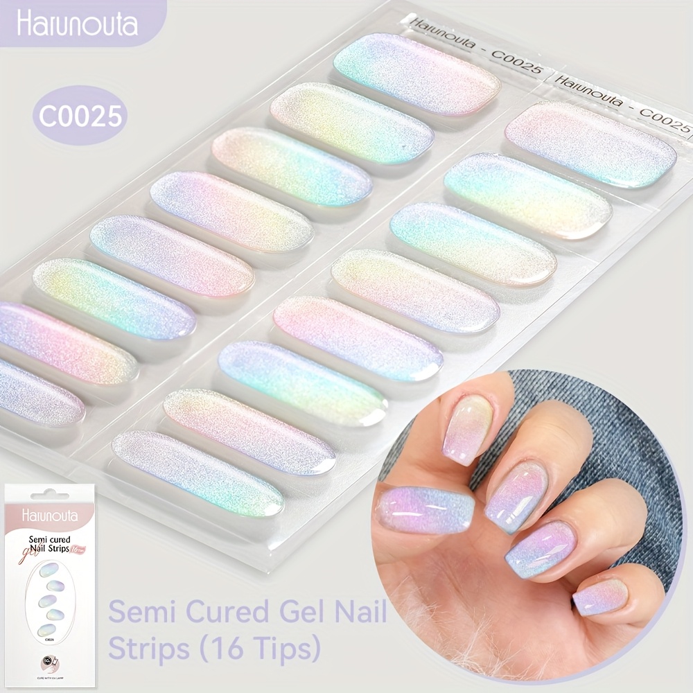 Image of Harunouta 16strips Semi Cured Gel Nail Strips Opal Glitter Nail Stickers Green Flower Gel Nail Wraps Gel Polish Stickers Nail Art Manicure For Nails