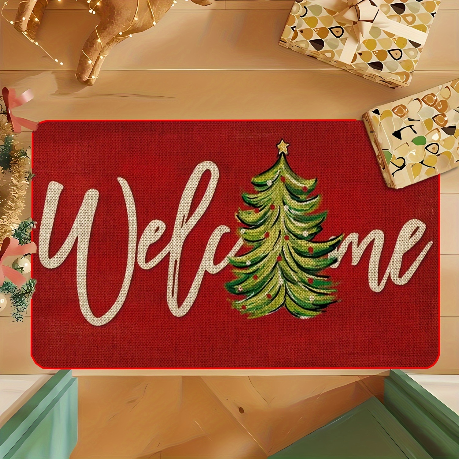 

Christmas Tree Doormat 1pc - Red , Washable, , Stain , Dry, , Absorbent For Entryway, Kitchen, , Bathroom