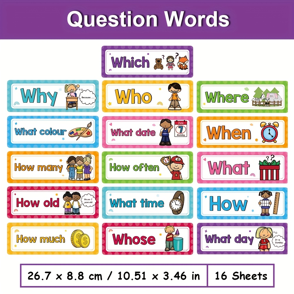 Image of 16pcs Colorful Wh Question Words Flashcards For - Charts With Speech Practice Cards For Preschoolers, Homeschool, And Classroom Decor, Educational Posters | Vibrant Classroom Decor | Paper Flashcards