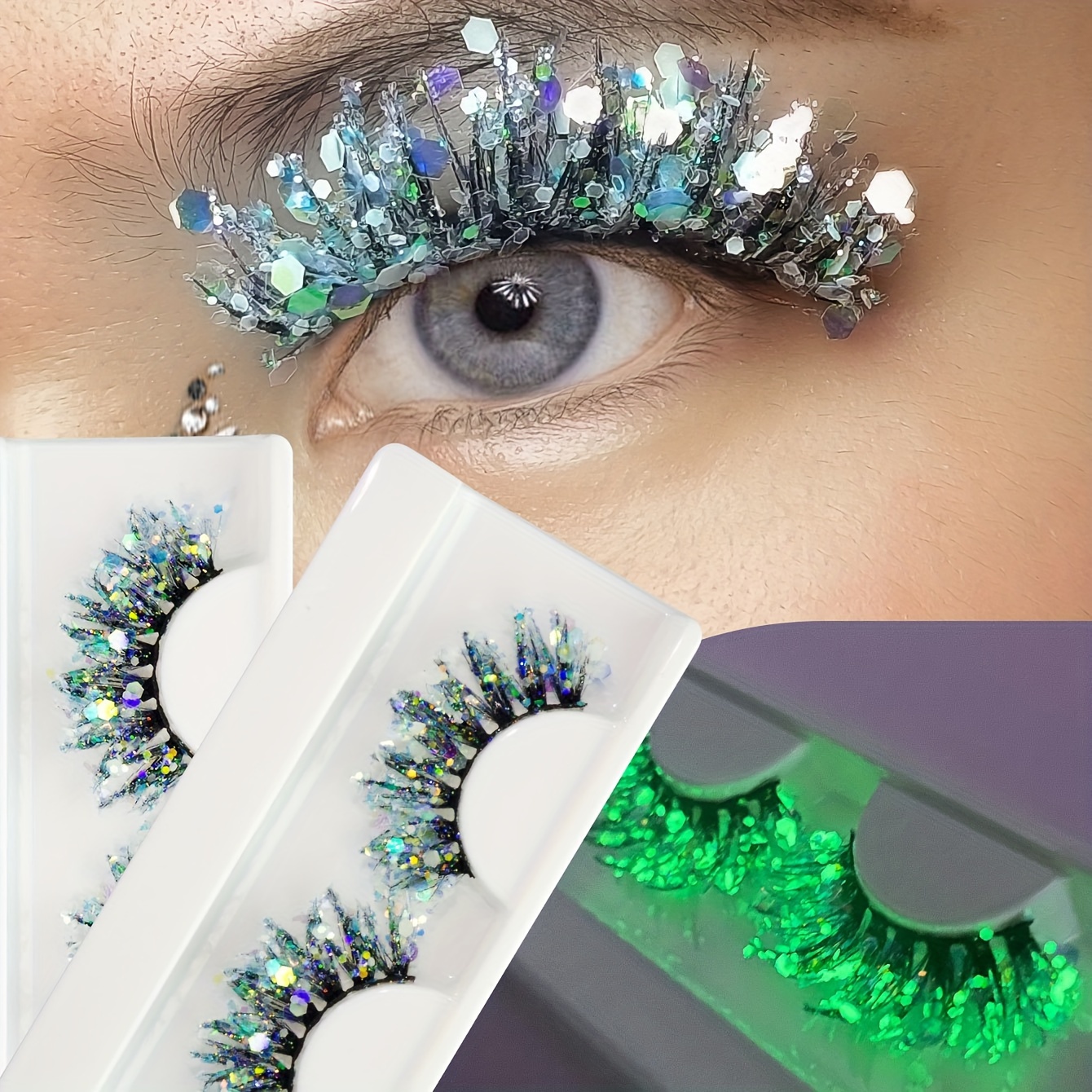 

1 Pair Glittering 3d Eyelashes, 15mm D , Style, & Fluffy, Extra , Reusable, Colored, For Christmas Halloween Stage, Beginner-friendly, Fluorescent Effect For Nightclub, Cosmetic Enhancement