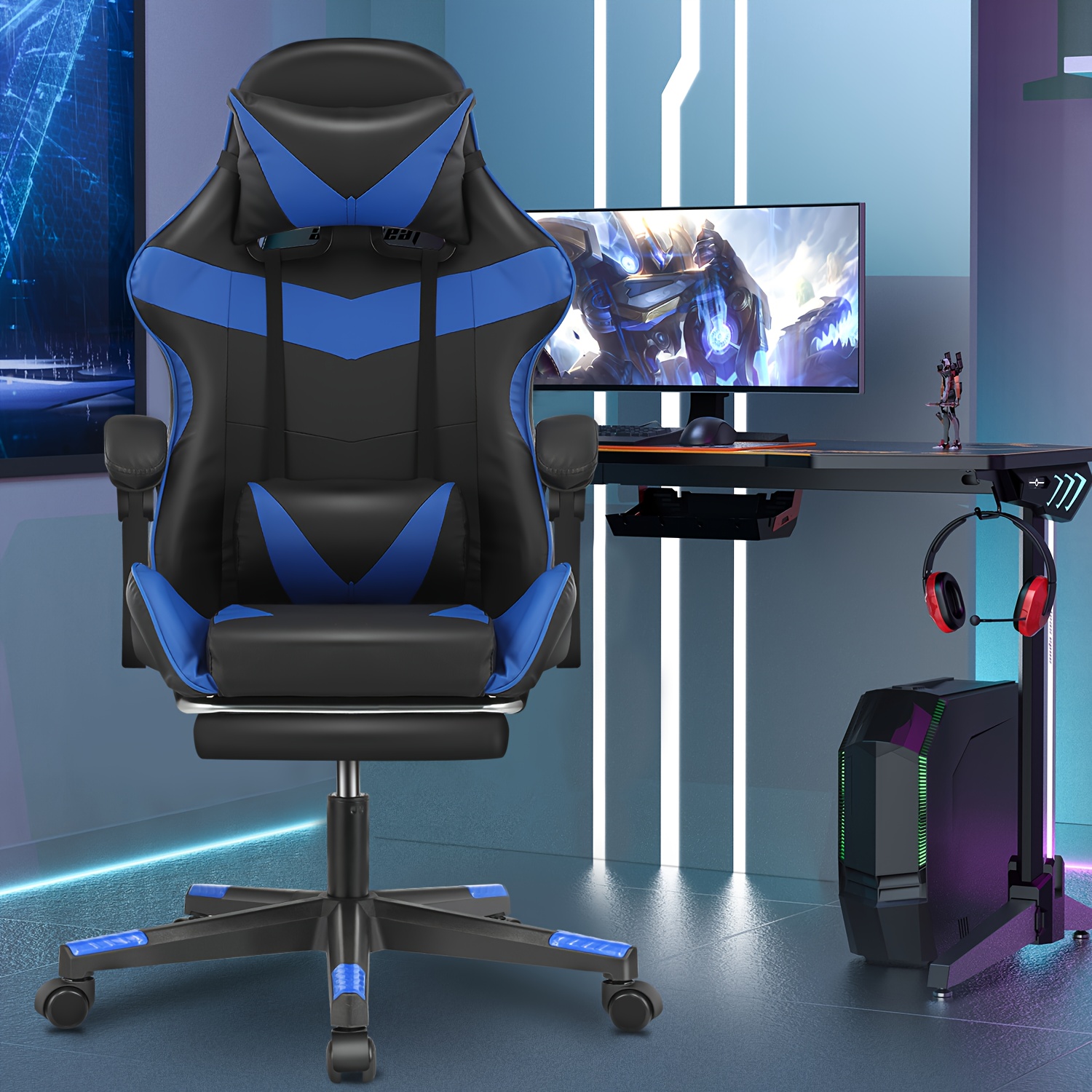 Ergonomische gamingstoel met lendensteun, hoofdsteun en voetensteun