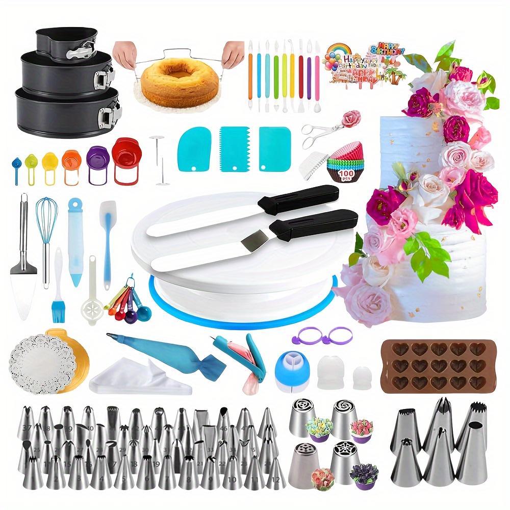 

Cake Decoration Kit, 390 Baking Tool Set -3 Pack Spring Cake Plates, Cake Rotating Wheel, 48 Number Hanging Mouths, 4 Style Nozzles, Suitable For Beginners' Cake Tools