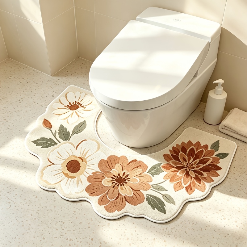TEMU 1pc Style Floral Toilet U-shaped Mat Bathroom Floor Mat Non-slip Fluffy Soft Carpet Home Pastoral Style Bathroom Foot Pad Washable Non-slip Mat