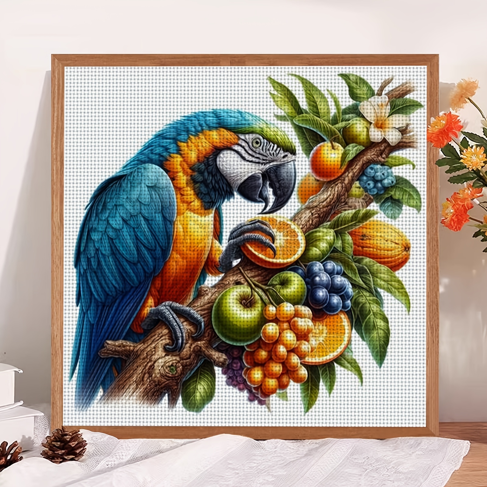 DIY Cross Stitch Print Kit 'Colorful Parrot Perched on Fruit Tree Branch'