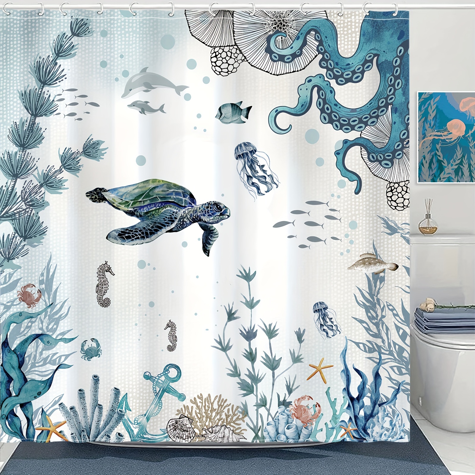 

Sea Turtle Octopus Shower Curtain Set Blue Teal Waterproof Fabric Bathroom Shower Curtains Fish Ocean Animal Seashell Jellyfish Theme Bath Curtain With Hooks