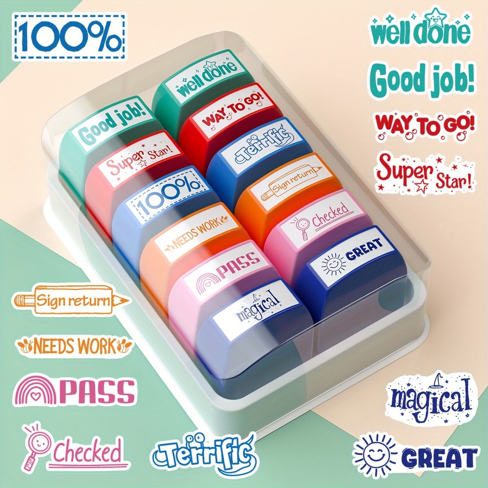 TEMU 12pcs Of Teacher Stamps, Teacher Grading Stamps, Self-ink Motivation Stamps, Teacher Encouragement, Homework, Motivational Stamps, Motivation,