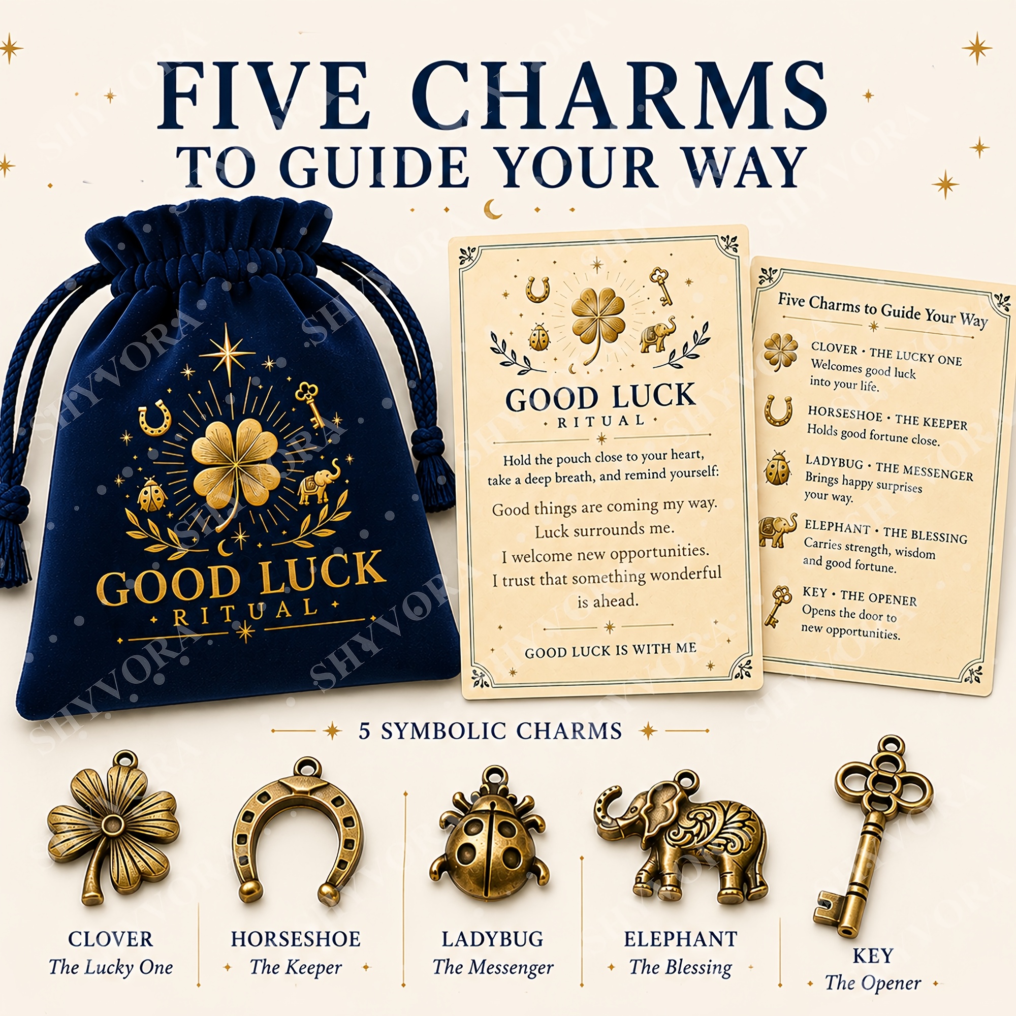 5pcs The Pouch, 5pcs Manifestation Set For Wealth & Luck, Navy Velvet Bag With Symbols & Affirmation Card, Meaningful…: retailer-supplied image