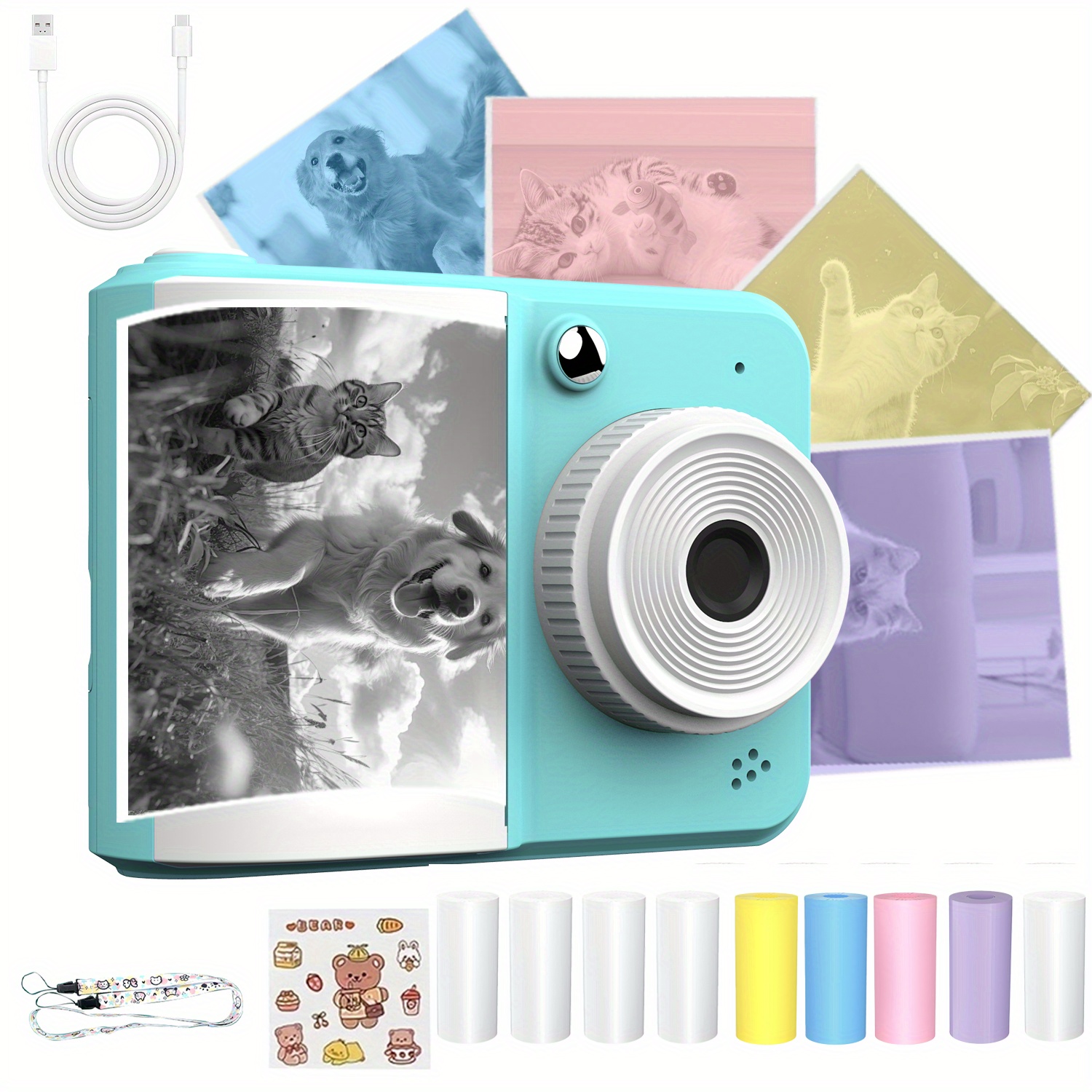 E-shop Sofortbilddrucker-Bundle, inklusive 9 Rollen Fotopapier, Aufkleber-Umhängeband, 2,4-Zoll-Großbildschirm, 1024P-Video, integrierte mehrere