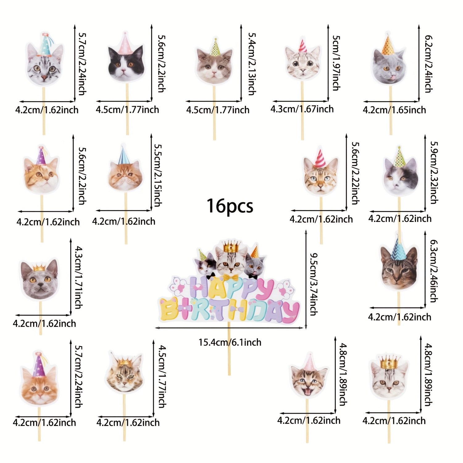 Image of 16pcs Set Of Cat-themed Birthday Cake Decorations, Including Cup Decorations For Cat Cakes, Perfect For Party Supplies