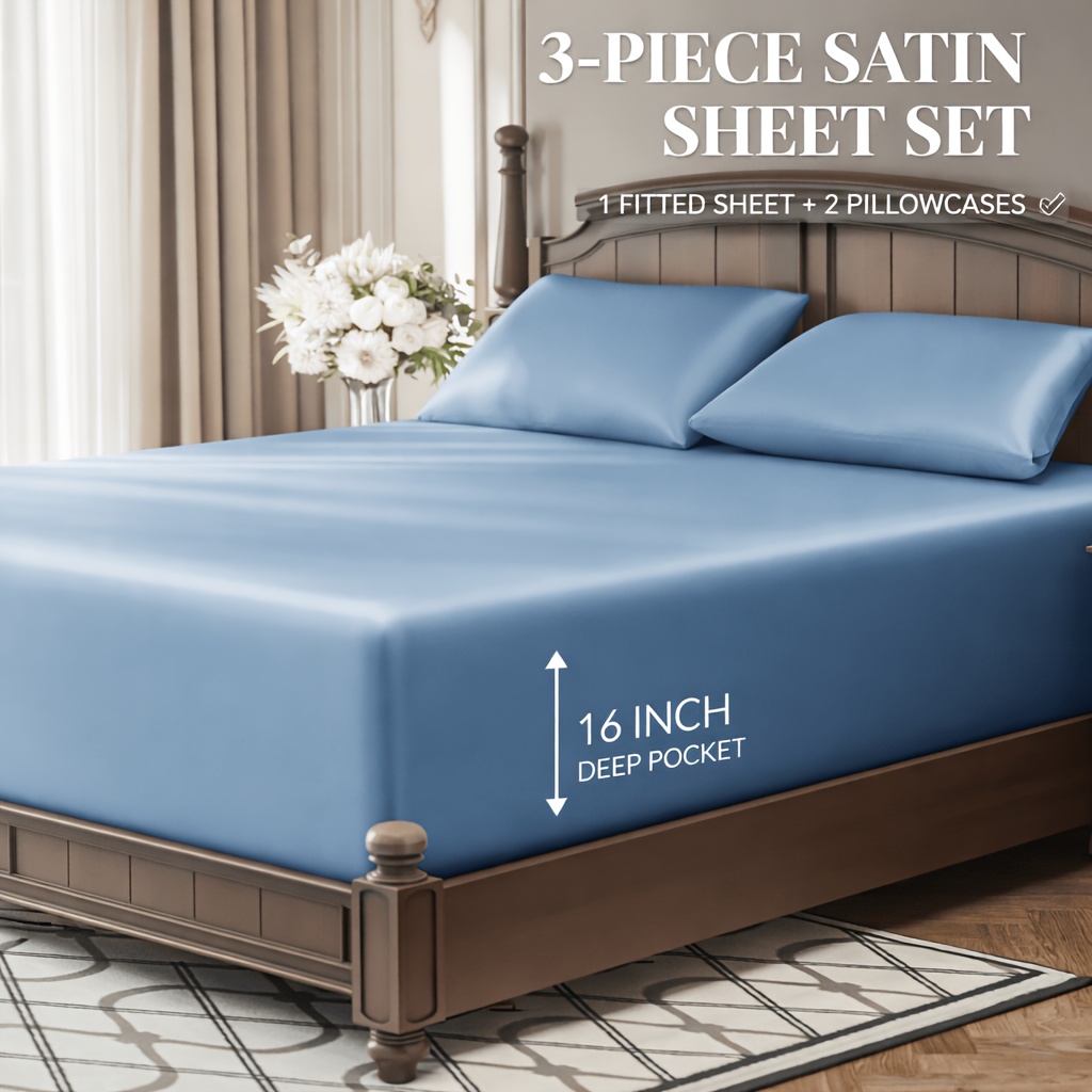 TEMU 3pcs Satin Fitted Sheet Set, Deep Pocket Bottom Sheet With 2 Pillowcases, Luxury Ultra Soft Cooling Bedding, Wrinkle Fade Resistant Smooth
