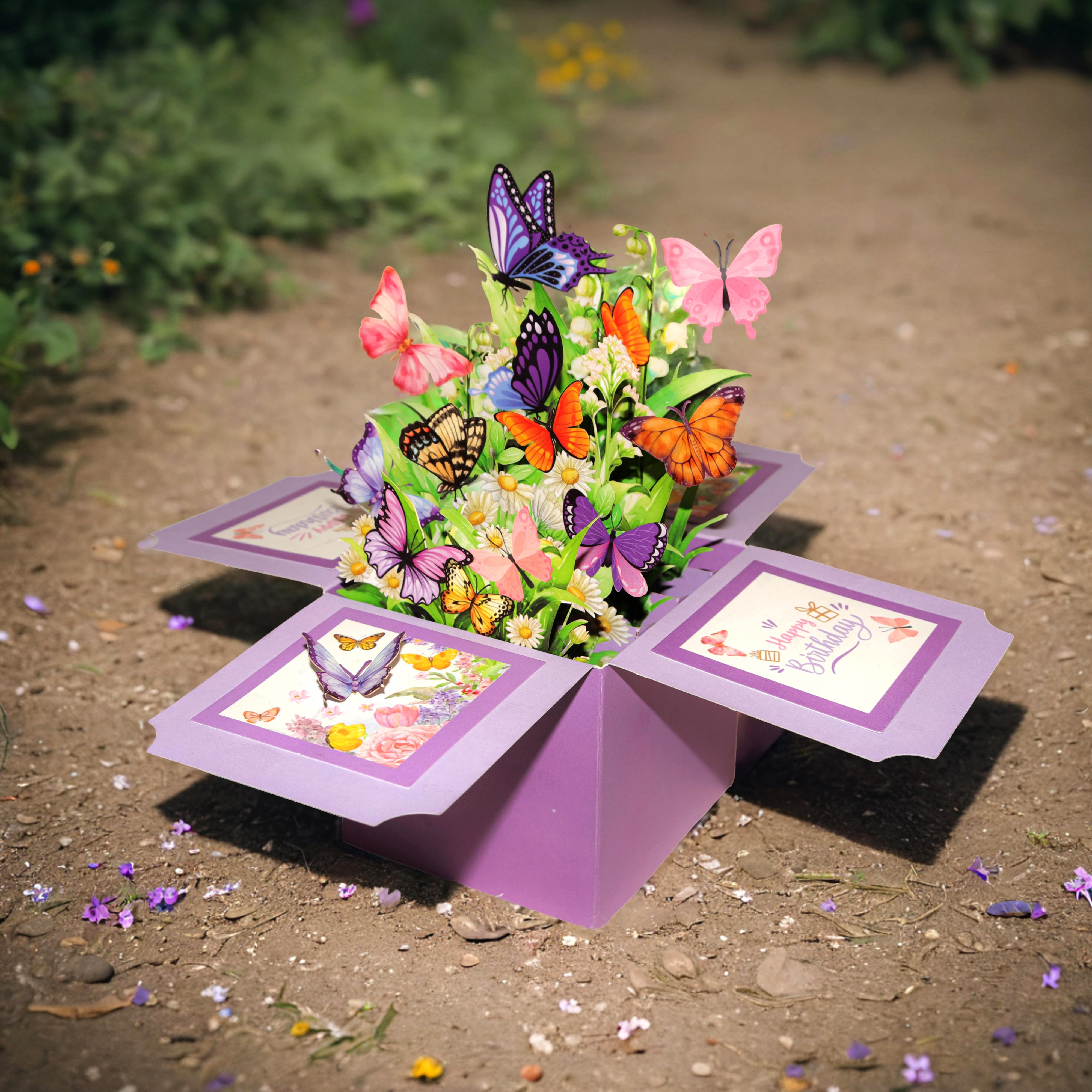 E-shop Lila Schmetterling 3D Pop-Up Geburtstags- und Muttertagsgrußkarte - Blumen- und Schmetterlingsdesign für jeden Empfänger, handschriftliche