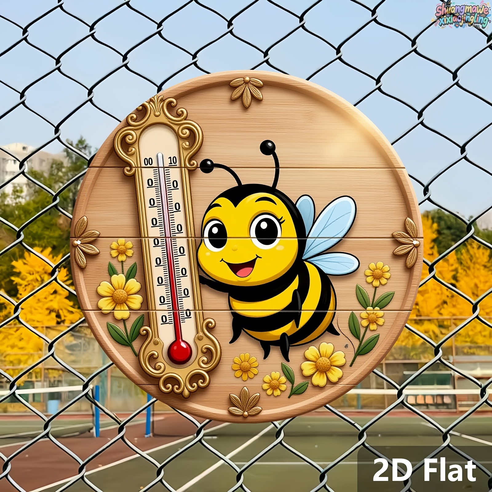 TEMU 2D Plat - Un panneau plat 2D en aluminium avec un thème d'abeille de dessin , d'images vibrantes d'un thermomètre, de fleurs et de soleil