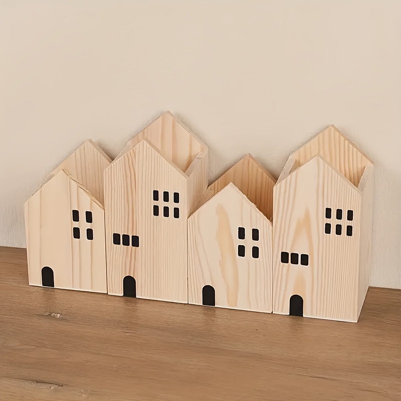 Image of 2pcs Or 4pcs New House-shaped Pen Holders, Creative Wooden Desk Organizer, Makeup Storage Box, Desktop Decorative Accessories For Home, School & Office Supplies, Unique Gift Idea