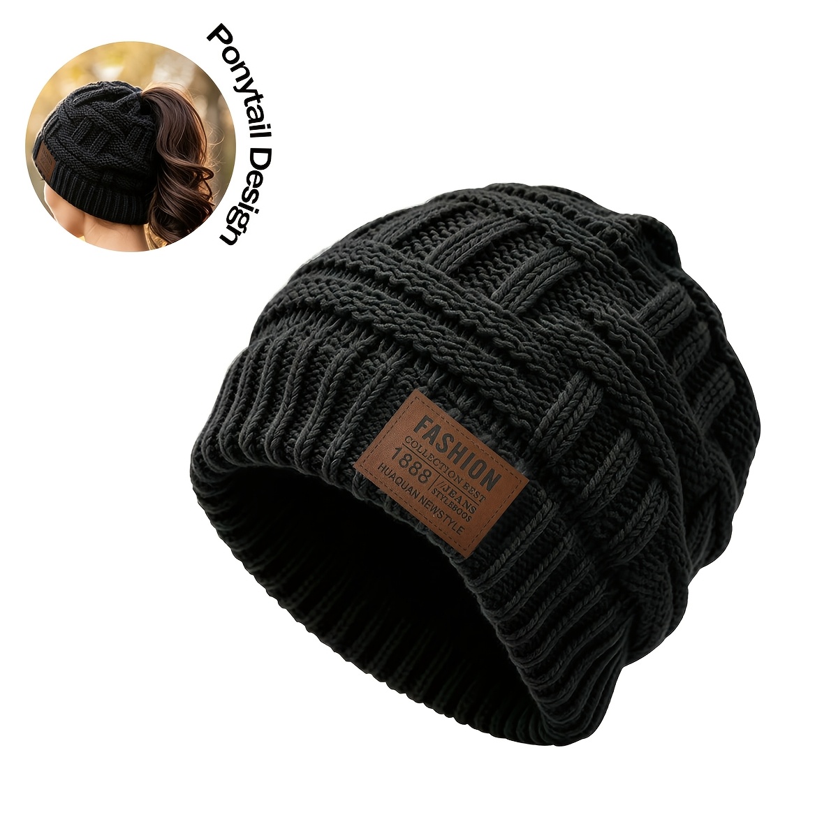 TEMU Women's Beanie Hat Ponytail Style Autumn Winter Travel Warm Men's Cap Face Casual Unisex Hat