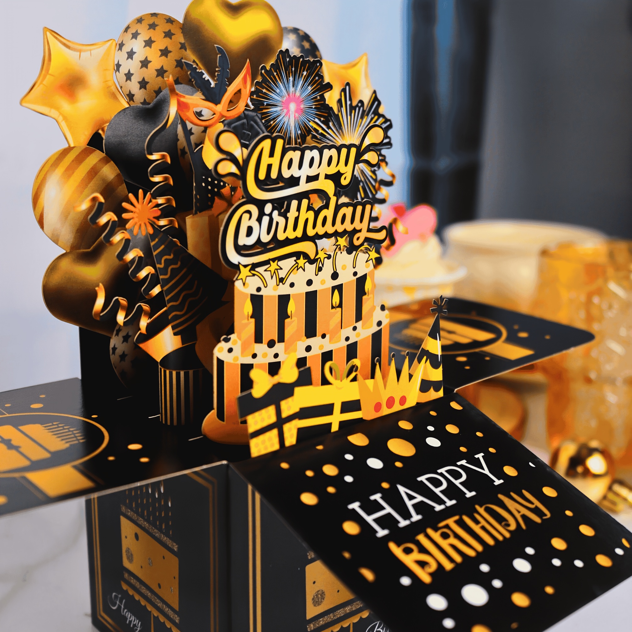 TEMU 1pc Luxury Happy Birthday Pop-up Greeting Card, Birthday Balloon Birthday Party Invitation Card With Card Behind And , Party Supply, Party