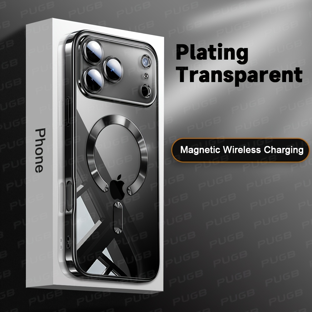E-shop Handyhülle - Luxuriöse Plating Transparente Magnetische Kabellose Ladehülle für iPhone 11/ 12/ 13/ 15/ 16/ 17 Pro Max Objektiv Schutz Stoßfest