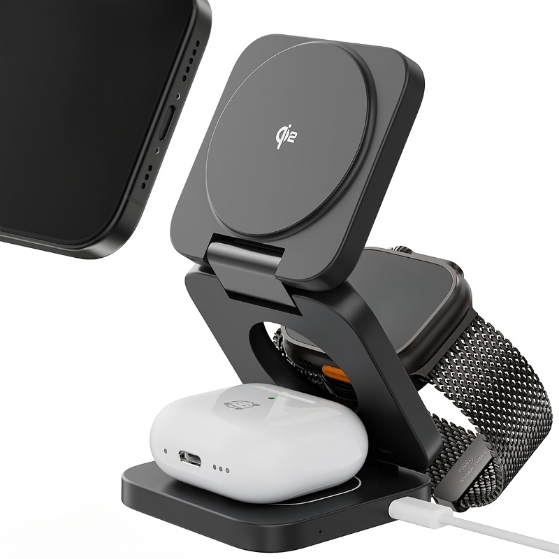 Wireless Charging Station, 3in 1 Foldable Magnetic Wireless Charger For Device, Qi2 Travel Magnetic Charger Stand For Iphone 16 15 14 13 12 Series, 5w For Iwatch & Airpods