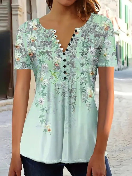 plus size womens floral print v neck t shirt breathable polyester blend casual short sleeve top with decorative buttons stretch for relaxed fit tee stretchable fabric