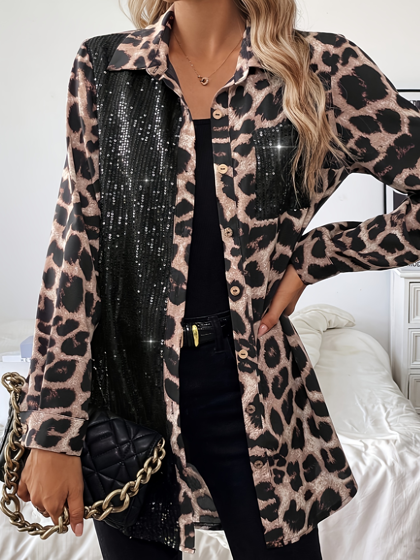 womens leopard print black sequin button shirt dress long - Temu United  Arab Emirates
