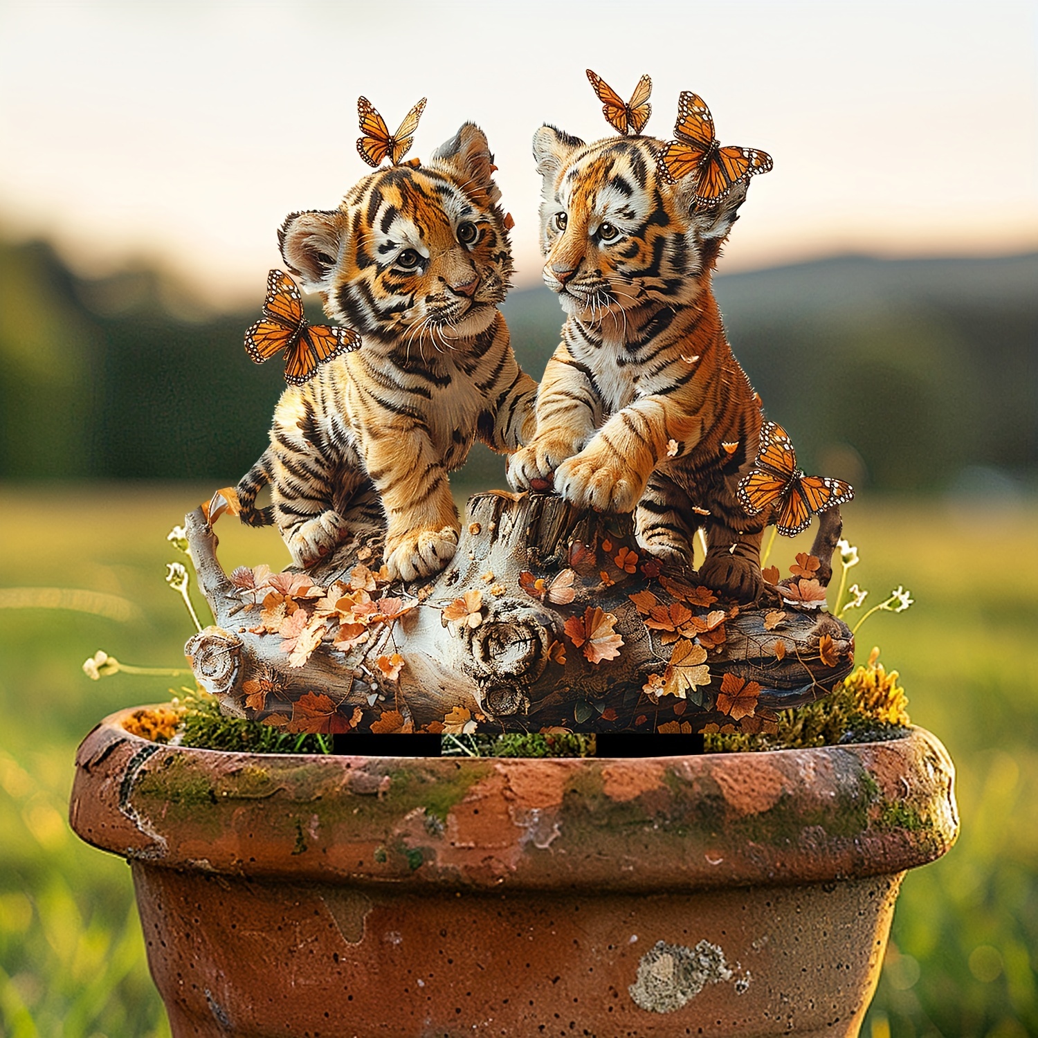 

Charming Tiger & Butterfly Playtime Garden Stake - Acrylic Outdoor Art, 11.8"x9" Flower Pot Landscape Decor, Boho Style Animal Theme Yard Accent