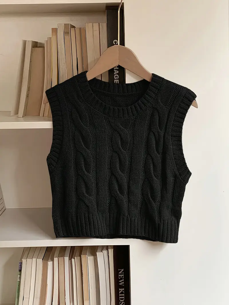 gilet élégant pour femme à col rond manches - noir, lavable en machine, coupe standard de longueur courte pour printemps été automne, tenue décontractée polyvalente, mode saisonnière, design torsadé, tissu confortable Détails du produit 3