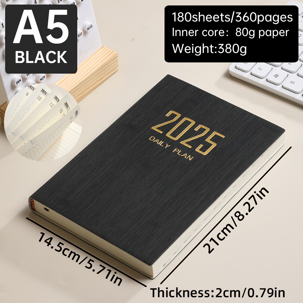 TEMU 2025 A5 Thick Daily Planner: 180 Sheets/360 Pages, 80g Paper, 380g Weight, 14.5cm X 21cm, 2cm Thick, Suitable For Daily Life And Office Use