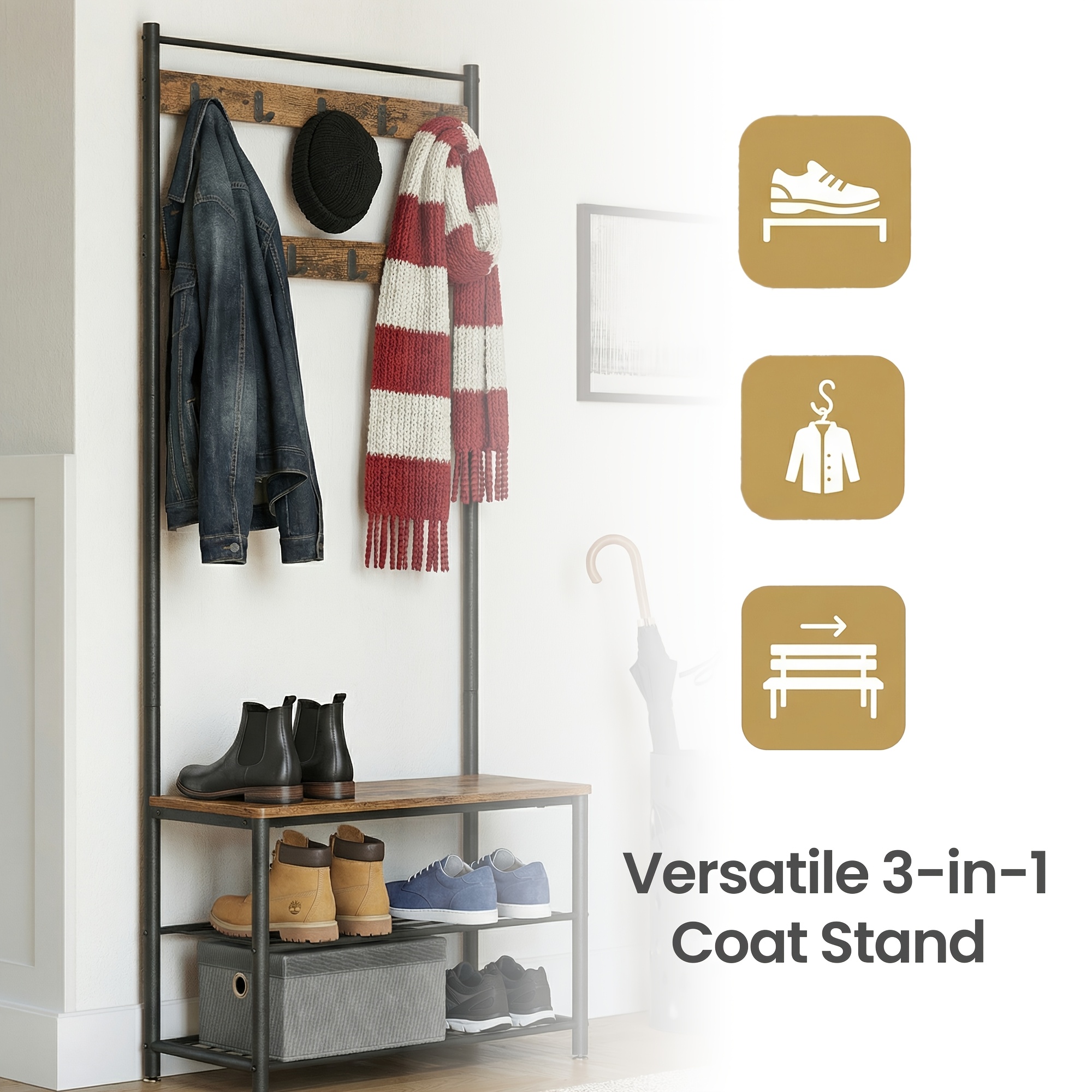 Multifunctional Clothes and Coat Rack with 8 Hooks and 3-Layer Shelf