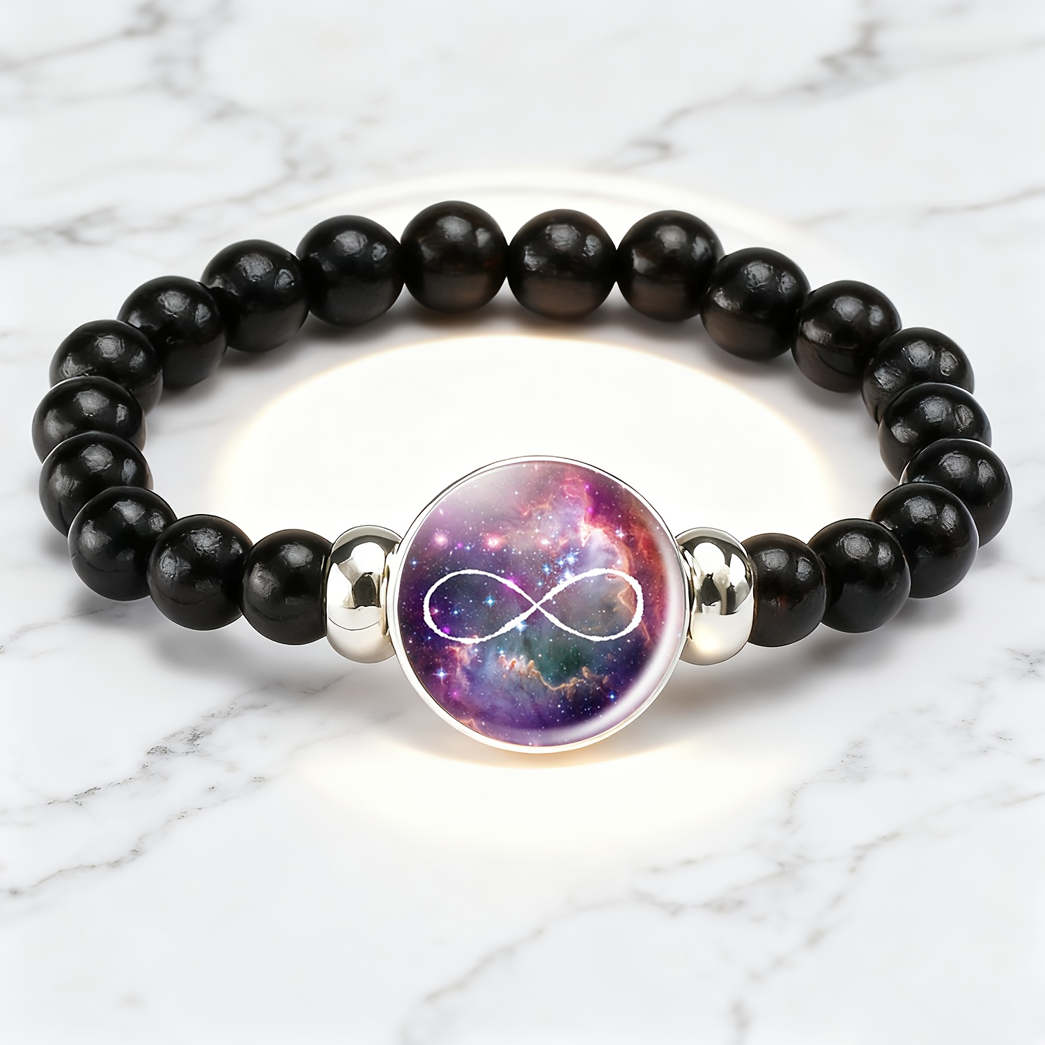 Teenager's Classic Black Plastic Bead & Chain Bracelet with Cosmic Nebula Design
