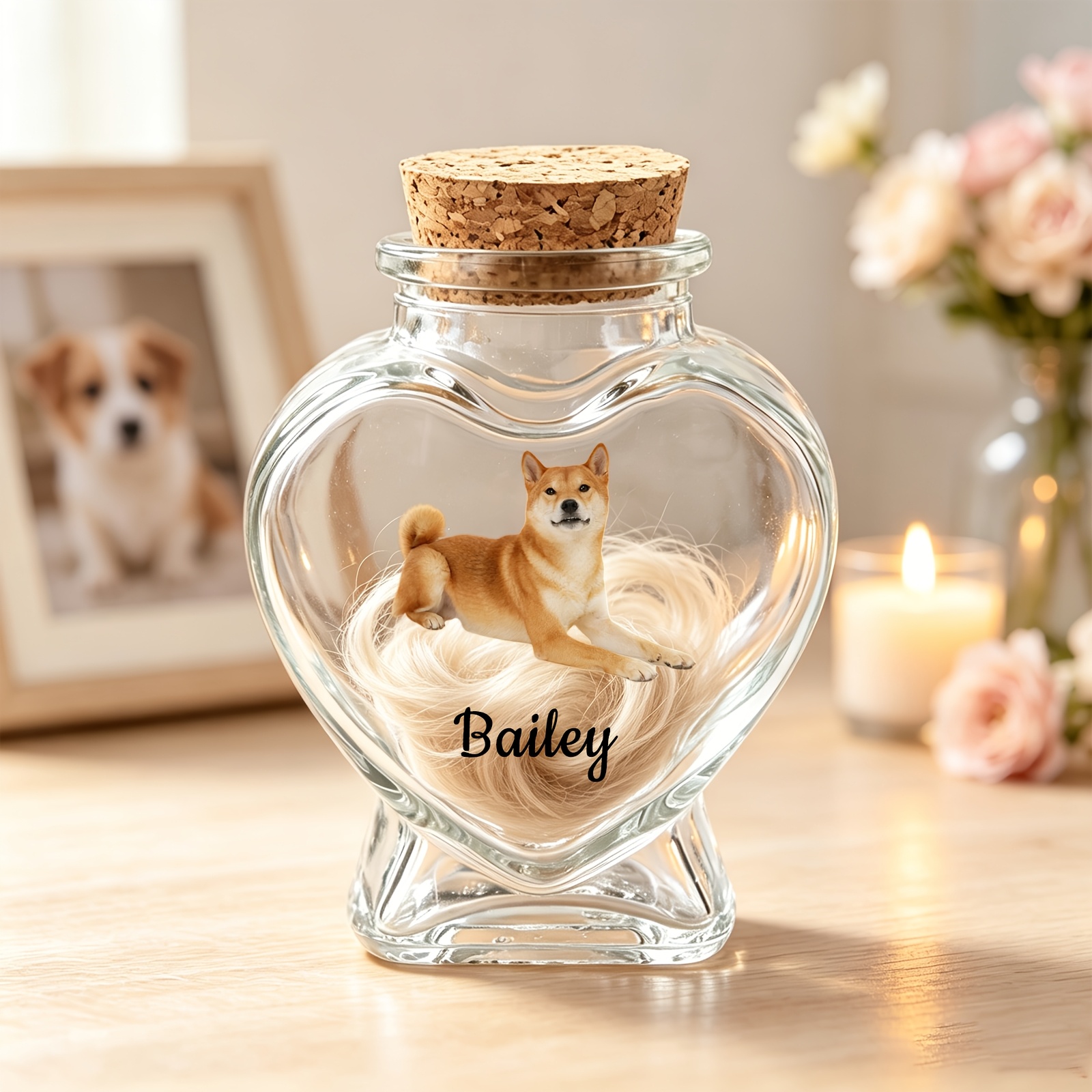 TEMU 1pc Personalized Custom Pet Hair Memorial Jar - Customized Pet Photo And Name Memorial Bottle, Personalized Dog Memorial Gift, Cat And Dog