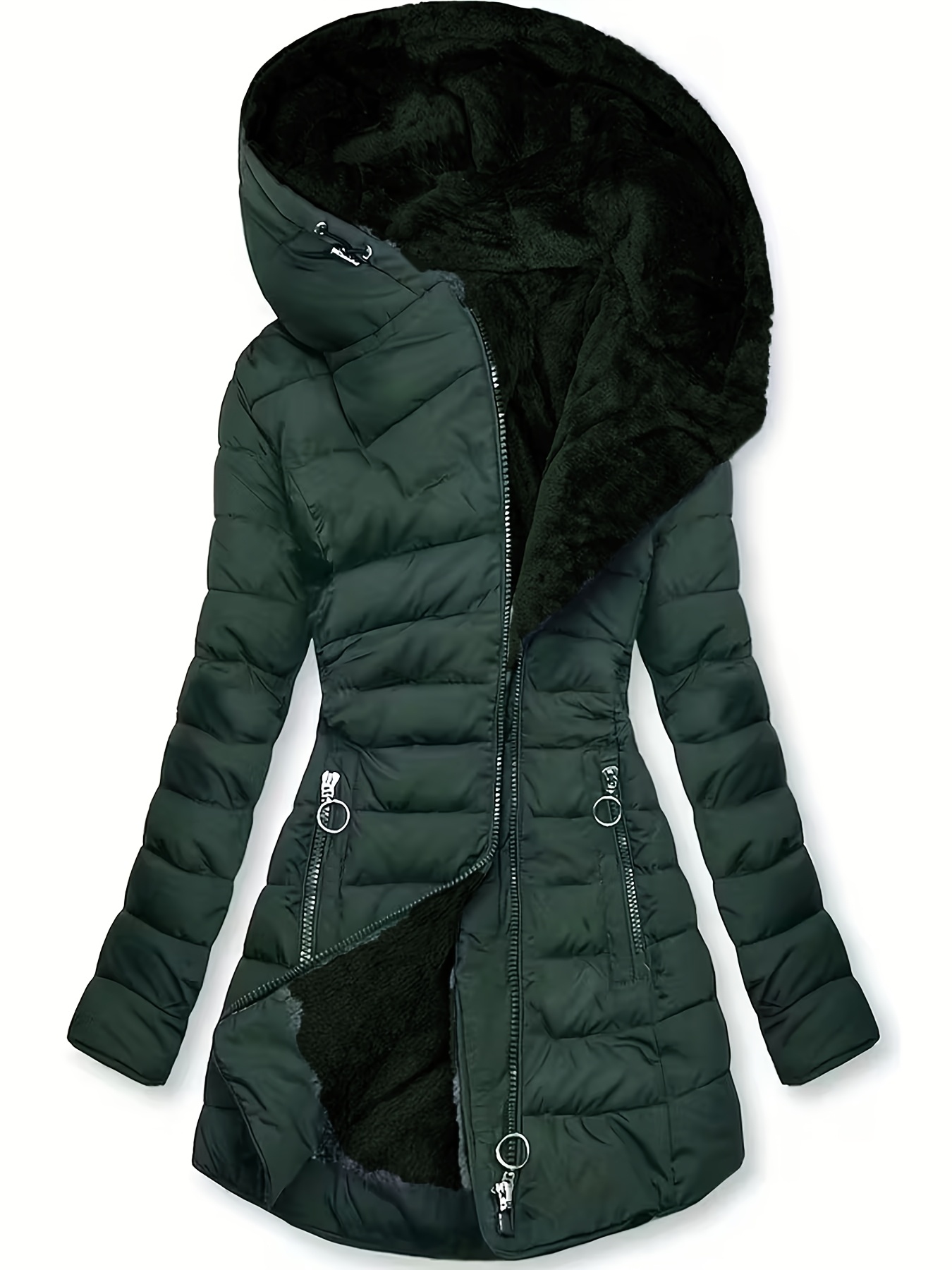 Dames Lange Fleece Gevoerde Jas - Dikke Winterjas met Zakken, Elegante Effen Kleur, Regular Fit voor Koud Weer